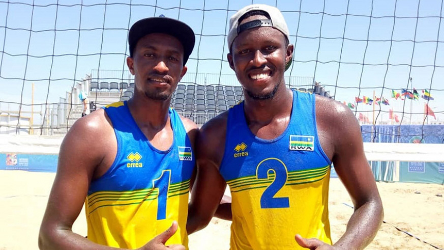 Olivier Ntagengwa (L) and Patrick Kavalo Akumuntu, bronze medal winners at last year's All-African Games, represented Rwanda and Africa at the 2019 World Beach Volleyball Champions in Germany. 