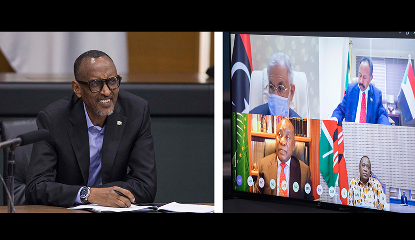 President Kagame with other heads of state during the virtual meeting on Wednesday. The meeting convened the AU Extended Bureau with Chairs of Regional Economic Communities. / Village Urugwiro
