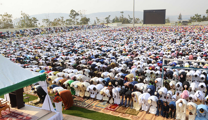 Rwanda muslim community during the  Eid al-Fitr celebration prayer at Kigali stadium last year. / Sam Ngendahimana.