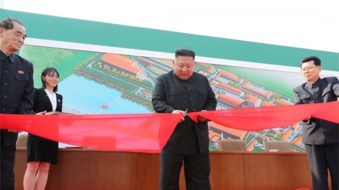 State media issued this picture said to show Kim Jong-un opening a fertiliser plant on Friday. 