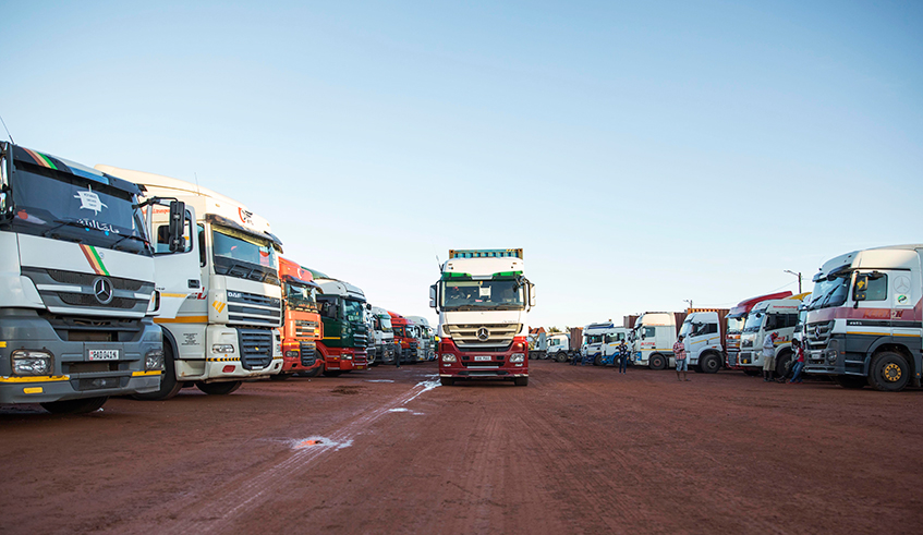 Cross border cargo trucks park at Rusumo One Stop Border Post last week. / Olivier Mugwiza.