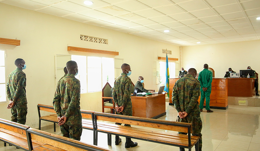 The five soldiers and one of their civilian accomplices before court on Monday, May 11. / Photo: Dan Nsengiyumva.