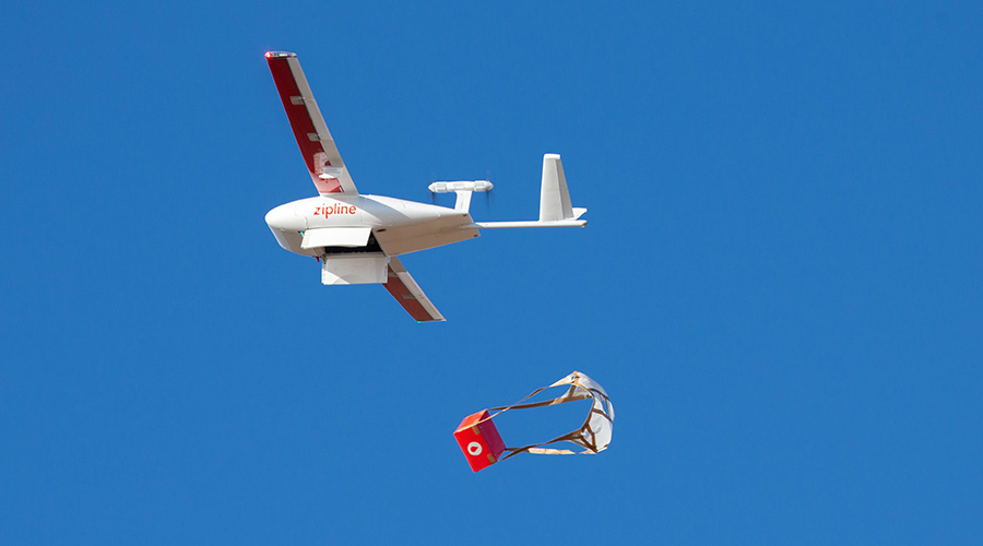 A Zipline drone delivers blood supplies to Kabgayi Hospital on August 20, 2018. 