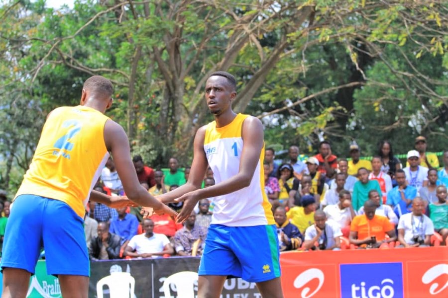 Alfred Muvunyi (L) and Yves Niyonkuru are one of the teams that represented Rwanda at the 2019 Beach Volleyball World Tour in Rubavu last August. 