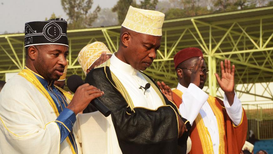 Mufti of Rwanda Sheikh Hitimana Saleh leads prayers in celebration of Eid-El Adha last year. 