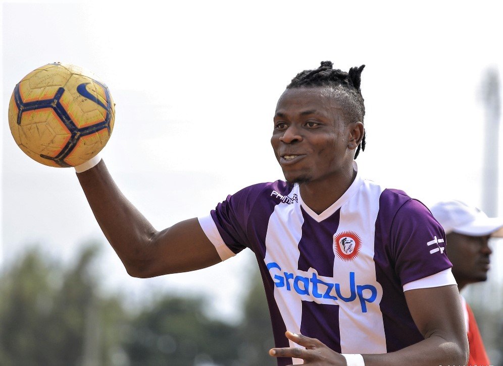 Samson Babua, 26, has scored 15 goals from 24 matches in the coronavirus-hit 2019-20 Rwanda Premier League. He is seen here celebrating after scoring against APR during a past league match at Nyagatare Stadium. 