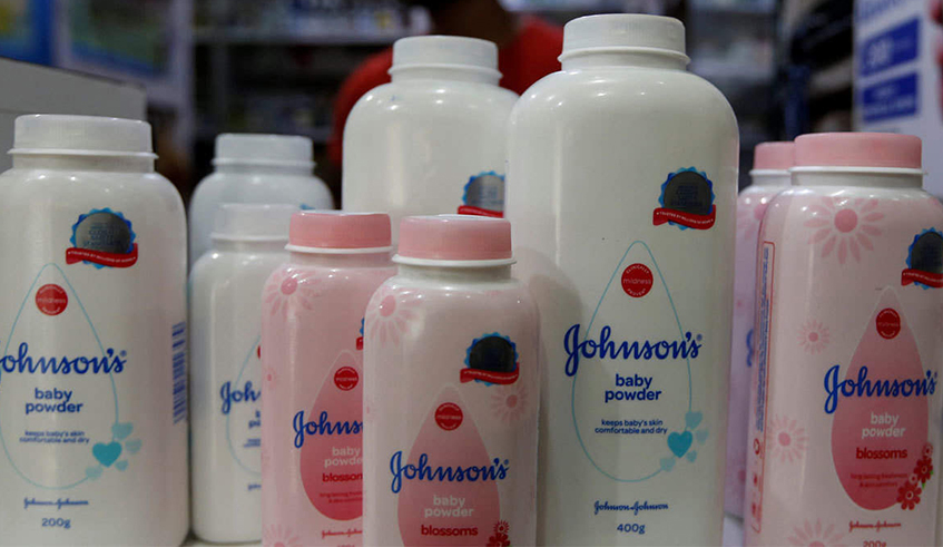 Johnson & Johnsonu2019s baby powder products on a shelf in a supermarket. Rwanda Food and Drugs Authority (FDA) is investigating the companyu2019s talc baby powder amid the productu2019s safety concerns in the US and Canada, among other markets. / Photo: Net.