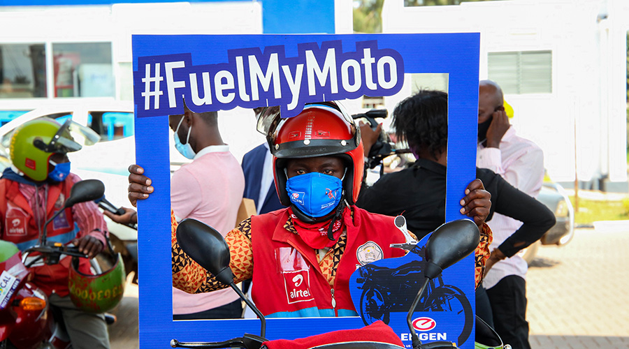 Pierre Harerimana, a motorists celebrating during the launch of the #FuelMyMoto Initiative on 4th June 2020. / All photos by Dan Nsengiyumva