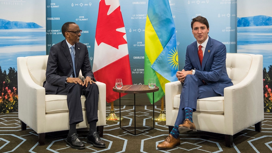 President Kagame and Prime Minister Trudeau during a previous meeting. The two leaders on Thursday, June 11 held a telephone conversation during which they discussed various issues of bilateral interest. (Village Urugwiro)