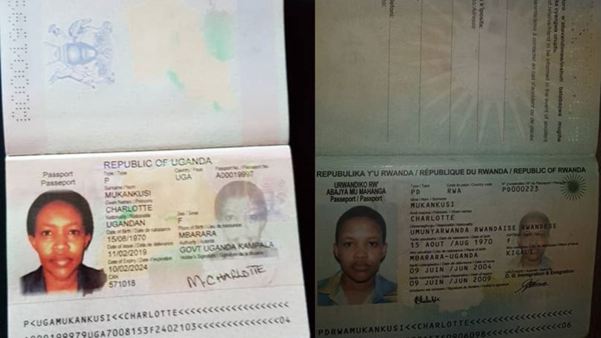 The Ugandan passport (left) that was given to Rwandan fugitive Charlotte Mukankusi and her expired Rwandan passport.