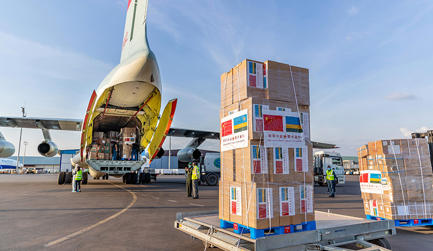 A consignment of personal protective equipment donated by Chinau2019s Peopleu2019s Liberation Army is offloaded at Kigali International Airport on June 3. / Photos: Courtesy.