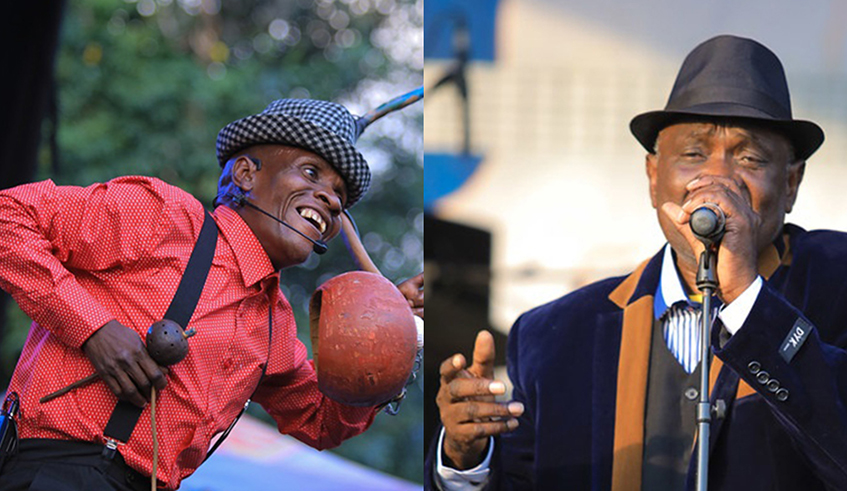 FranÃ§ois Nsengiyumva, aka Igisupusupu and veteran singer Abdul Makanyaga (right) perform at Iwacu Muzika festival  last year, as the excited crowd cheers on. / Courtesy.