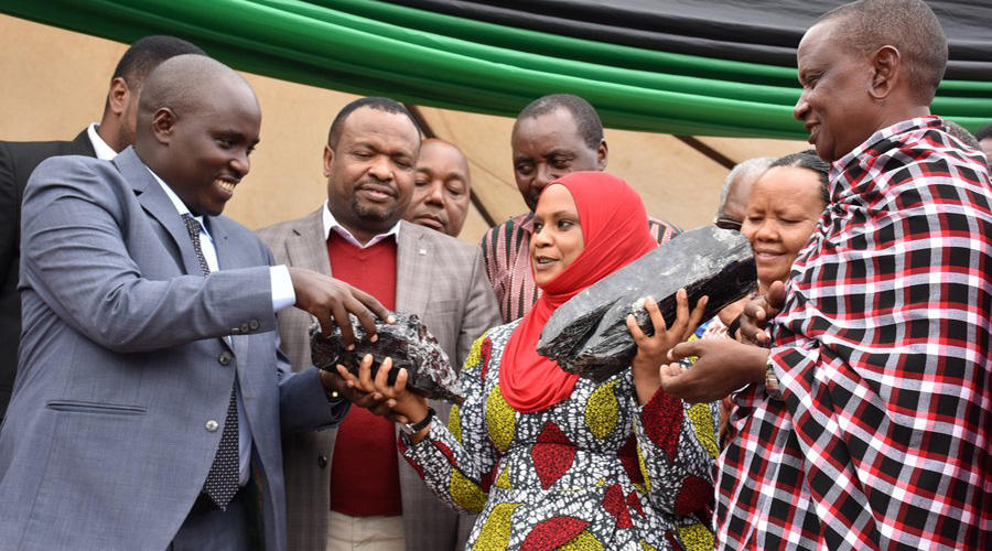 Two large Tanzanite gemstones are shown at a ceremony in Manyara region in Tanzania, June 24, 2020. 