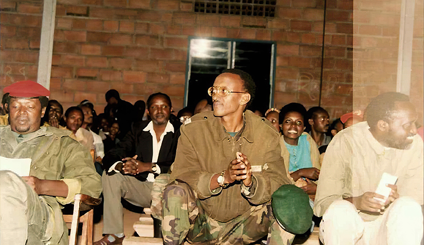 RPA Chairman of High Command, now-President Paul Kagame, with senior RPF cadre Tito Rutaremara (right) and  the late Col Steven Ndugute in a meeting during the liberation struggle. According to Rutaremara, the youth have everything in place to take the country to the next level. / Photo: Courtesy.