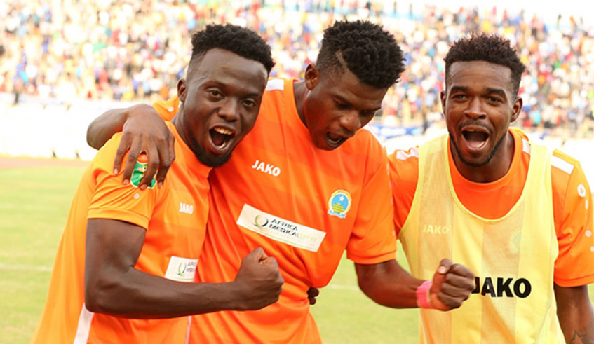 AS Kigali players, including forward Farouk Ssentongo (C), celebrate after beating Rayon Sports to win the 2019 Super Cup title at Amahoro Stadium last October. / Photo: Sam Ngendahimana.