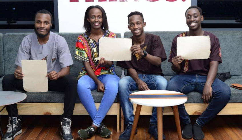 (L-R) Thierry Henry, Nadine Ndahiro, Kevin Shema, and Arsene Gatera ,a group behind the initiative of  transforming banana fibre into useful products. / File.