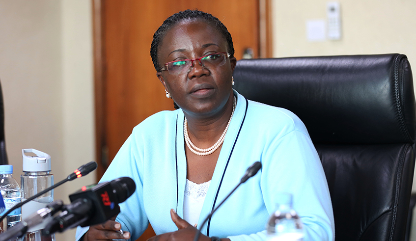 Minister for Environment Jeanne du2019Arc Mujawamariya speaks during a news conference in January. Mujawamariya is expected to appear in the Lower Chamber of Parliament this week and respond to questions related to water and land use. / Photo: Sam Ngendahimana.