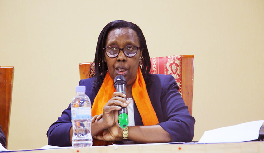 Rose Rwabuhihi, the Chief Gender Monitor, speaks during a news conference on gender equality in political organisation structures on December 29, 2019. / Photo: Craish Bahizi