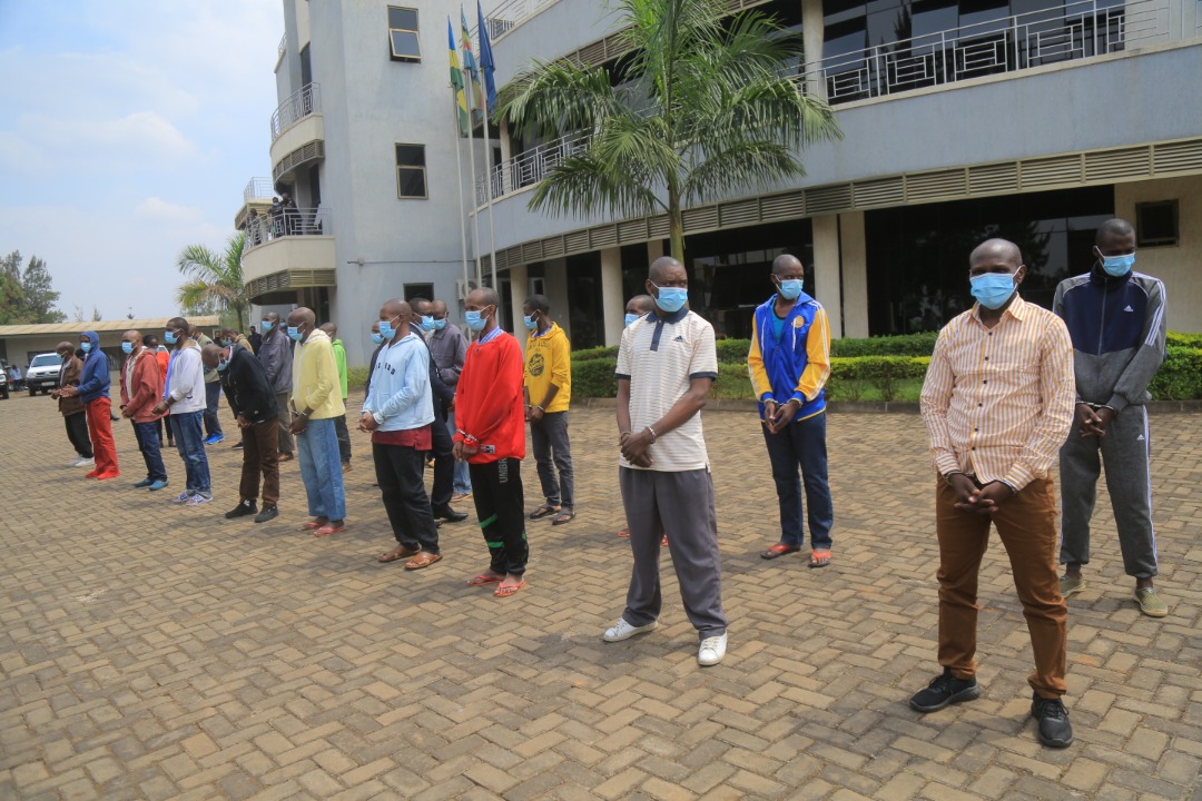Some of the 57 suspects caught in acts of subversion against the country paraded before the media in Kigali yesterday. / All photos by Craish Bahizi