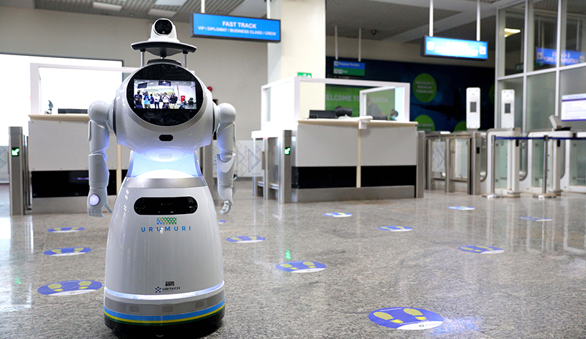 A temperature-screening robot, dubbed â€˜Urumuriâ€™, has been deployed to Kigali International Airport ahead of resumption of passenger flights on August 1. Officials at the national carrier, RwandAir, say they are confident demand for air travel will gradually pick up as more and more countries lift travel restrictions caused by the Covid-19 pandemic. / Photo: Sam Ngendahimana. 