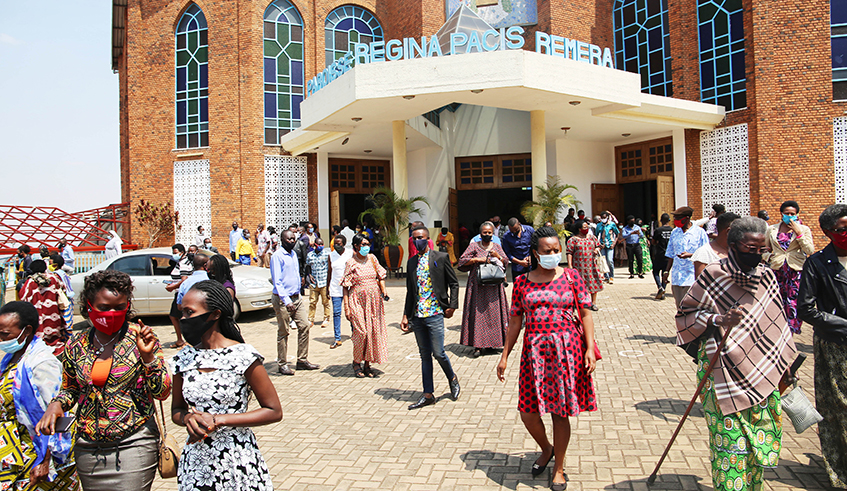 Catholic faithful after Mass at Regina Pacis Parish in Remera, Kigali on July 19. The church was later removed from the list of places of worship that were allowed to open on Sunday, July 26. / Photo: Craish Bahizi.
