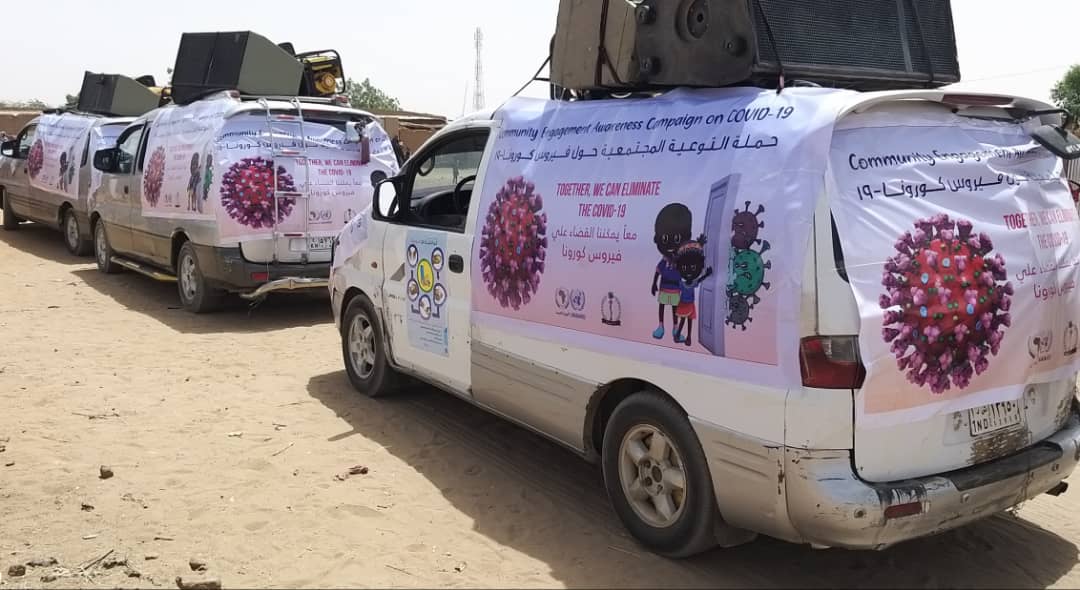 UNAMID peacekeepers use speakers mounted on cars to interact with host communities during COVID-19. 