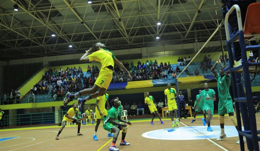 Niyogisubizo (#7) jumps high for a spike during a past game against Kirehe at Amahoro Indoor Stadium. / Courtesy.