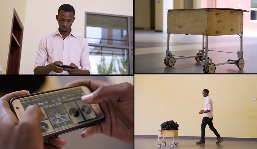 KwaandaLabs co-founder Israel Nishimwe demonstrates how the prototype of their tray robot functions. / Photo: Olivier Mugwiza.