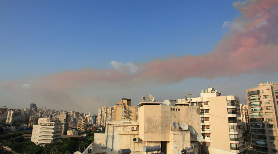 Smoke rises following an explosion in Beirut, Lebanon, Aug. 4, 2020. Large explosion probably caused by hazardous chemicals hit Lebanon's capital Beirut on Tuesday, sources said. 