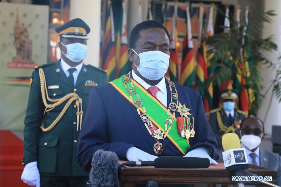 Zimbabwean President Emmerson Mnangagwa gives a speech at the Heroes' Day Commemoration in Harare, Zimbabwe, on Aug. 10, 2020. Zimbabweans celebrated the 40th anniversary of Heroes' Day on Monday amid the COVID-19 pandemic that is ravaging the nation. 