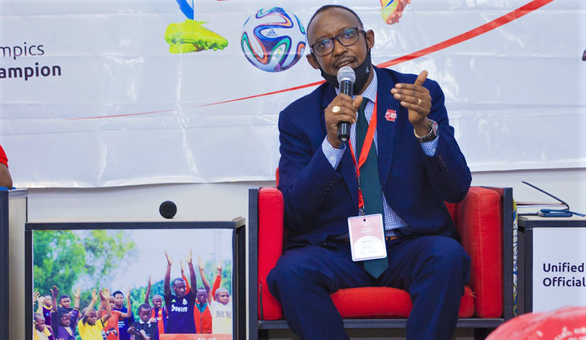 Deus Sangwa, the Chairman of Special Olympics Rwanda, speaks during the launch of the Unified Champion Schools (UCS) programme at Onomo Hotel last week. / Courtesy. 