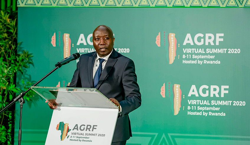 Prime Minister Edouard Ngirente speaks during the opening of the Africa Green Revolution Forum 2020 Summit at Kigali Convention Centre on Tuesday, September 8. The premier said Africa must increase fertiliser use in order to produce more food to meet the growing food  demand in cities, and eliminate hunger. / Photo: Courtesy.