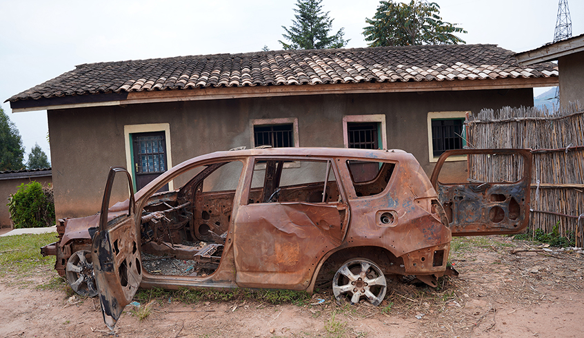 Remains of a burned car that belonged to Vincent Nsengiyumva, former Executive Secretary of Nyabimata Sector. 