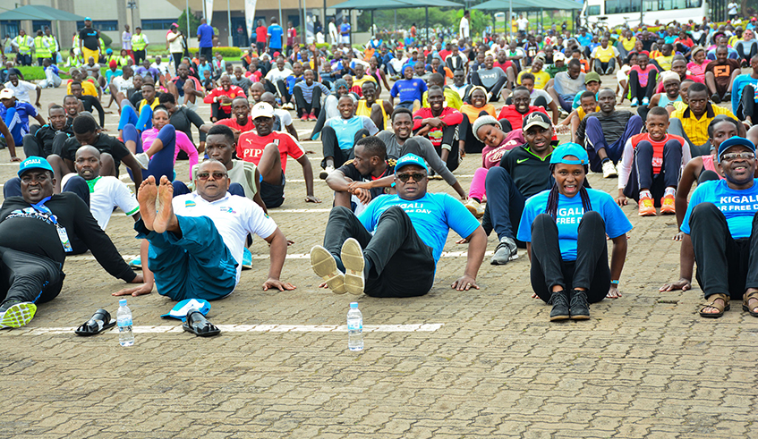 People during a car-free day outdoor exercise session in Kigali. The city was named the Public Health Laureate for 2019 Wellbeing City Award, for its mass sport activities and screening of non-communicable diseases. / Photo: Sam Ngendahimana.