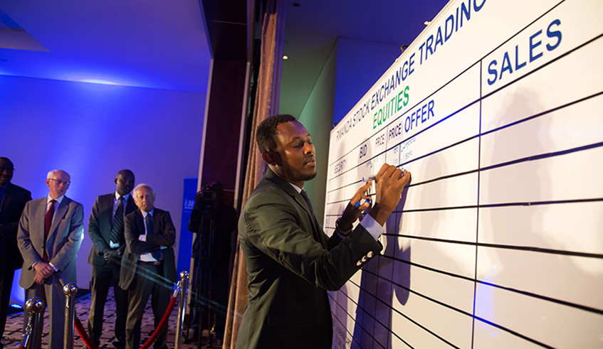 Stock Brockers during the listing of I&M Bank in Kigali in March 2017. / File.