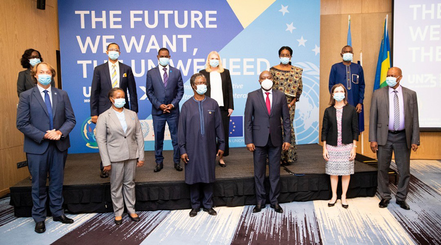 Prime Minister Edouard Ngirente is joined by heads of UN agencies in Rwanda and other officials at the celebration of the 75th anniversary of the UN in Kigali on Monday Sept 21. 