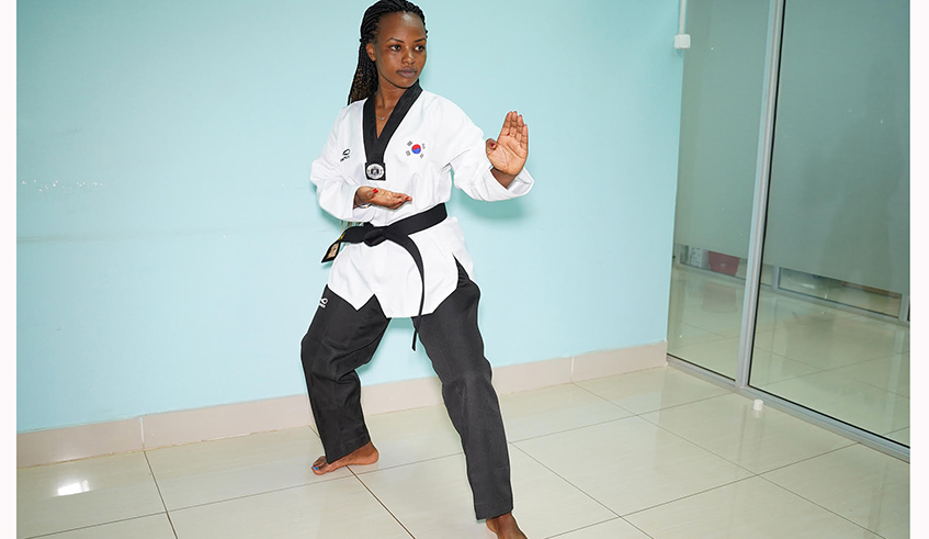 Uwayo during the  interview with The New Times.  She has a second degree black belt in taekwondo.  / Photos by Willy Mucyo