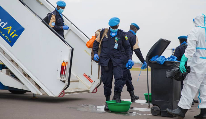 On arrival at Kigali International Airport, the replaced contingent was subjected to COVID-19 prevention measures.