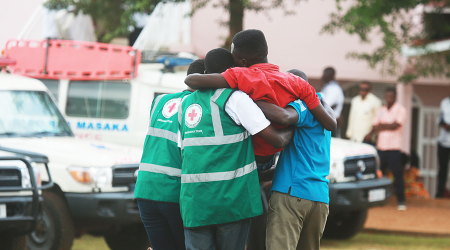 Red Cross volunteers carry a trauma victim during a Genocide commemoration event in Kigali last year. 