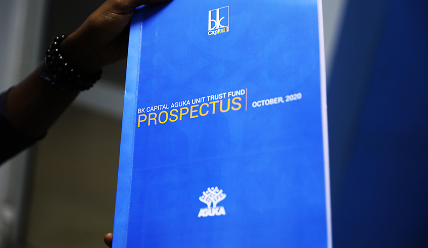 A copy of the prospectus of the newly launched Aguka Unit Trust Fund by BK Capital on Tuesday, October 13. / Photo: Sam Ngendahimana.
