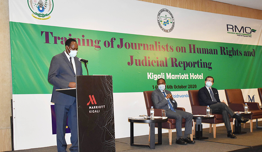 Chief Justice, Faustin Ntezilyayo addresses media practitioners ahead of a three-day training programme on human rights and judicial reporting in Kigali on Wednesday, October 14. / Photo: Courtesy.