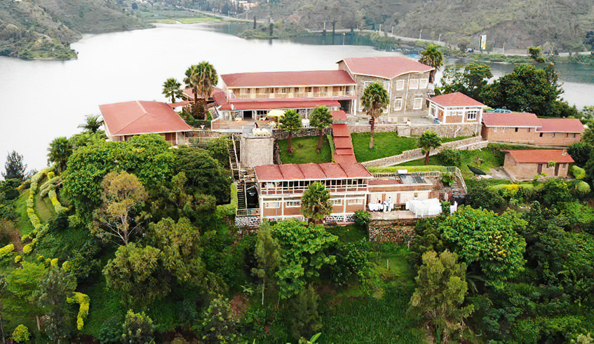 An aerial view of Saint Jean Hotel in Karongi District on the shores of Lake Kivu. The growing number of hotels and hospitality businesses targeting tourists has been cited as one of the reasons the demand for water in the district is on the rise. / Photo: Courtesy. 