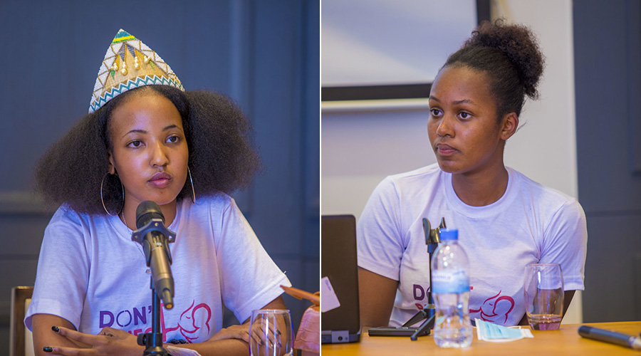 L-R: Miss Rwanda 2020 first runner-up Phiona Umwiza, and Yasipi Casimir Uwihirwe, Miss Rwanda 2019 first runner-up, who is also contesting for Miss Africa Calabar 2020, speaking to the press late last week. 