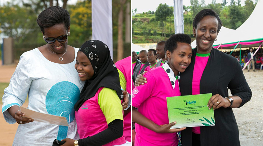  First Lady Jeannette Kagame hands a certificate to one of the excelling girls. Empowering young girls has been Imbuto Foundationu2019s core mission.  / Photo: Courtesy.
