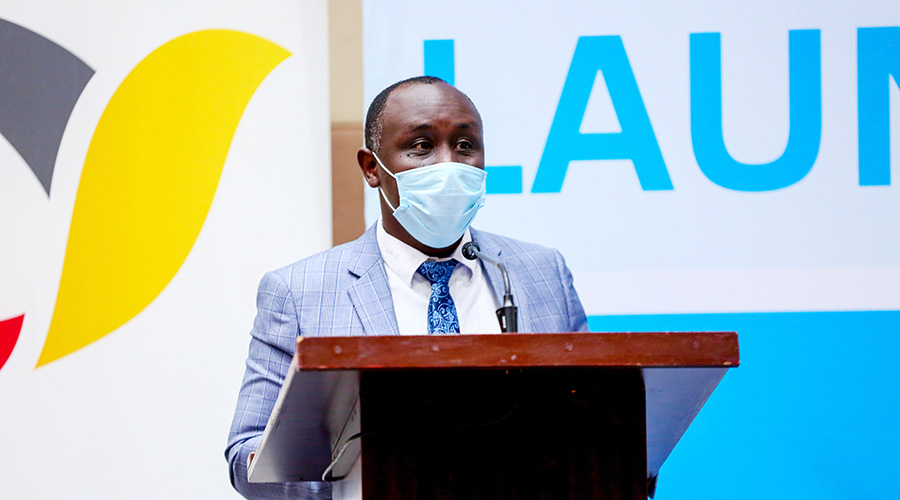 Christian Twahirwa, the Director-General of NIRDA, delivers remarks during the launch of 2020-2021 Open Calls Programme for local firms in production of construction materials produced from stone. 