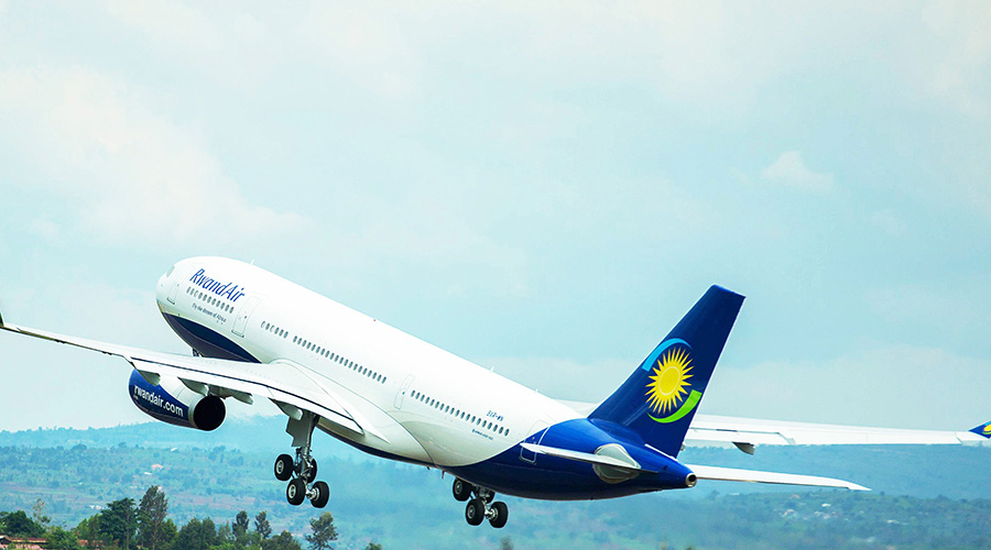 A RwandAir plane takes off at Kigali International Airport. The airline has announced it will continue operating flights to and from the UK. 