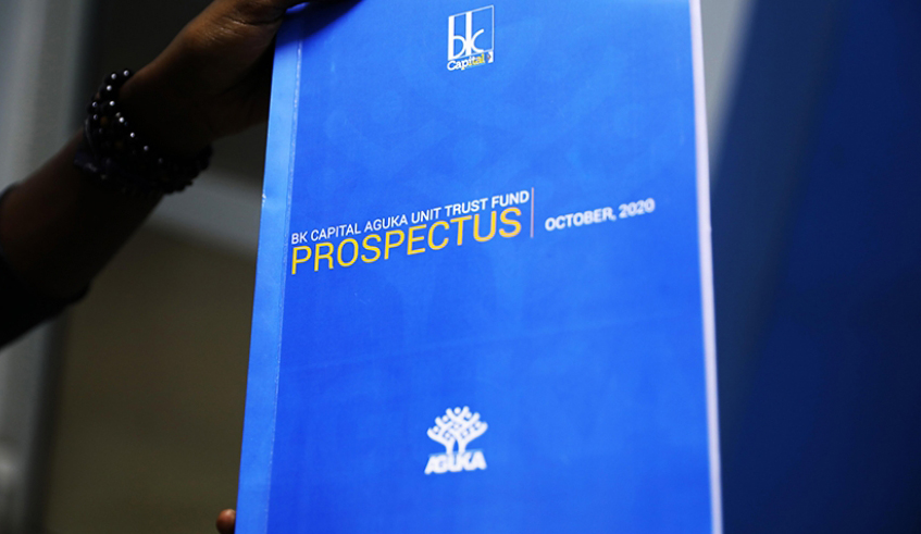 A copy of the prospectus of the newly launched Aguka Unit Trust Fund by BK Capital on Tuesday, October 13. Photo: Courtesy.