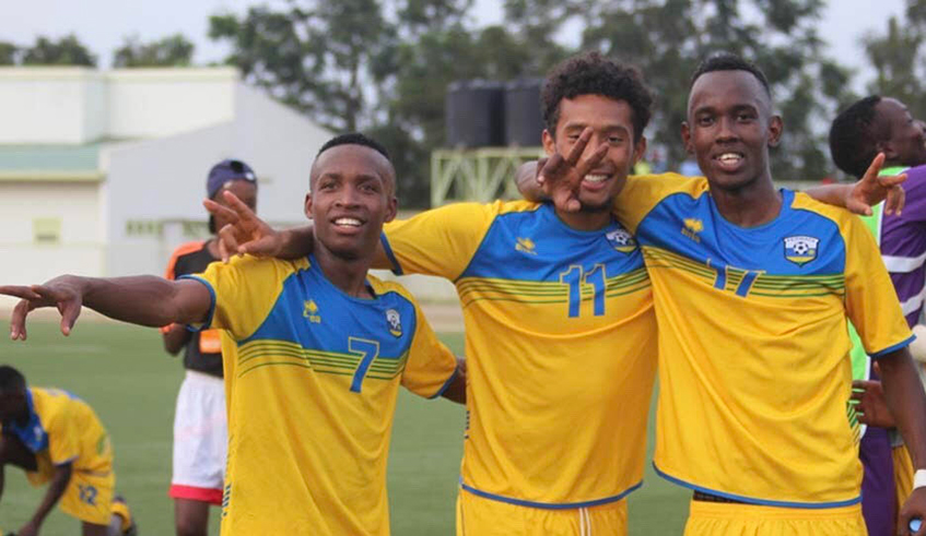 Amavubi U-20 players celebrate after Rwanda saw off Kenya in the first round of the 2019 Africa U-20 Cup Nations qualifiers at Kigali Stadium in April 2018. / File