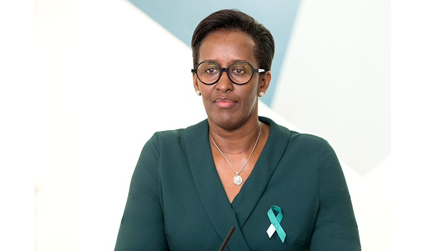 HE First Lady Mrs Jeannette Kagame gives her remarks during the launch of Global Strategy to Accelerate the Elimination of Cervical Cancer  on  17 November 2020 . / Courtesy