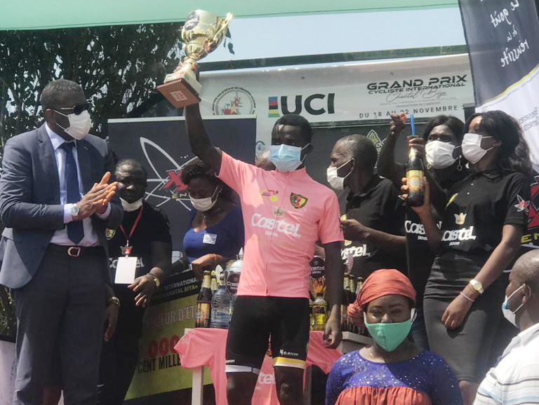 Moise Mugisha at the podium after winning the first stage of Grand Prix Chantal Biya International Cycling Tour on 18 November 2020. 